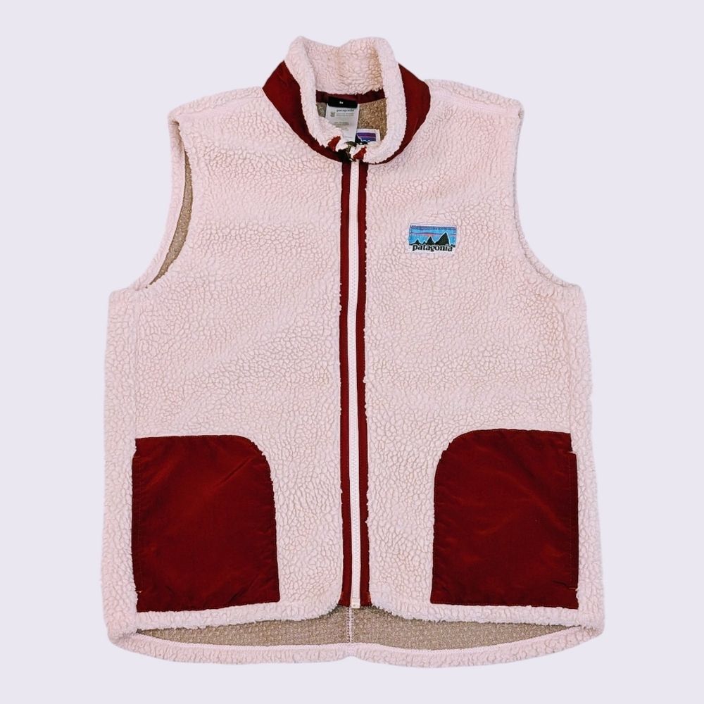 Patagonia Retro Fleece Vest Kids L 12 Cream Burgundy Y2K Common Threads Winter